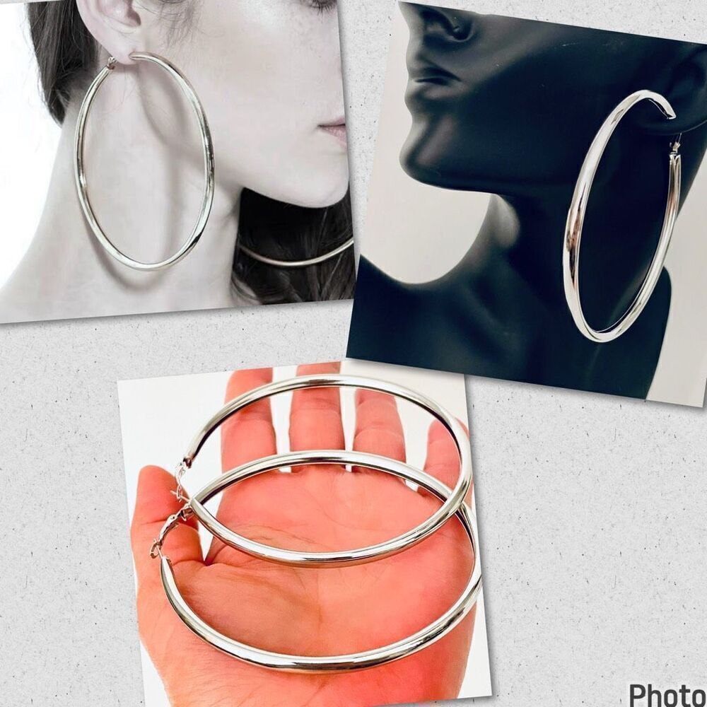 NWT Huge 3.55”D Large Oversized Silver Shinny Polished Round Thick Hoops earring